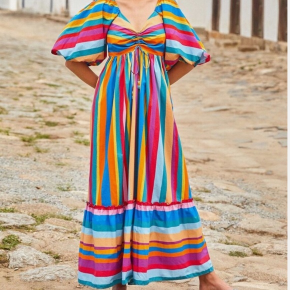 NWT Farm Rio Striped Scarf Maxi Dress With Puff Sleeves - XL - Picture 1 of 7